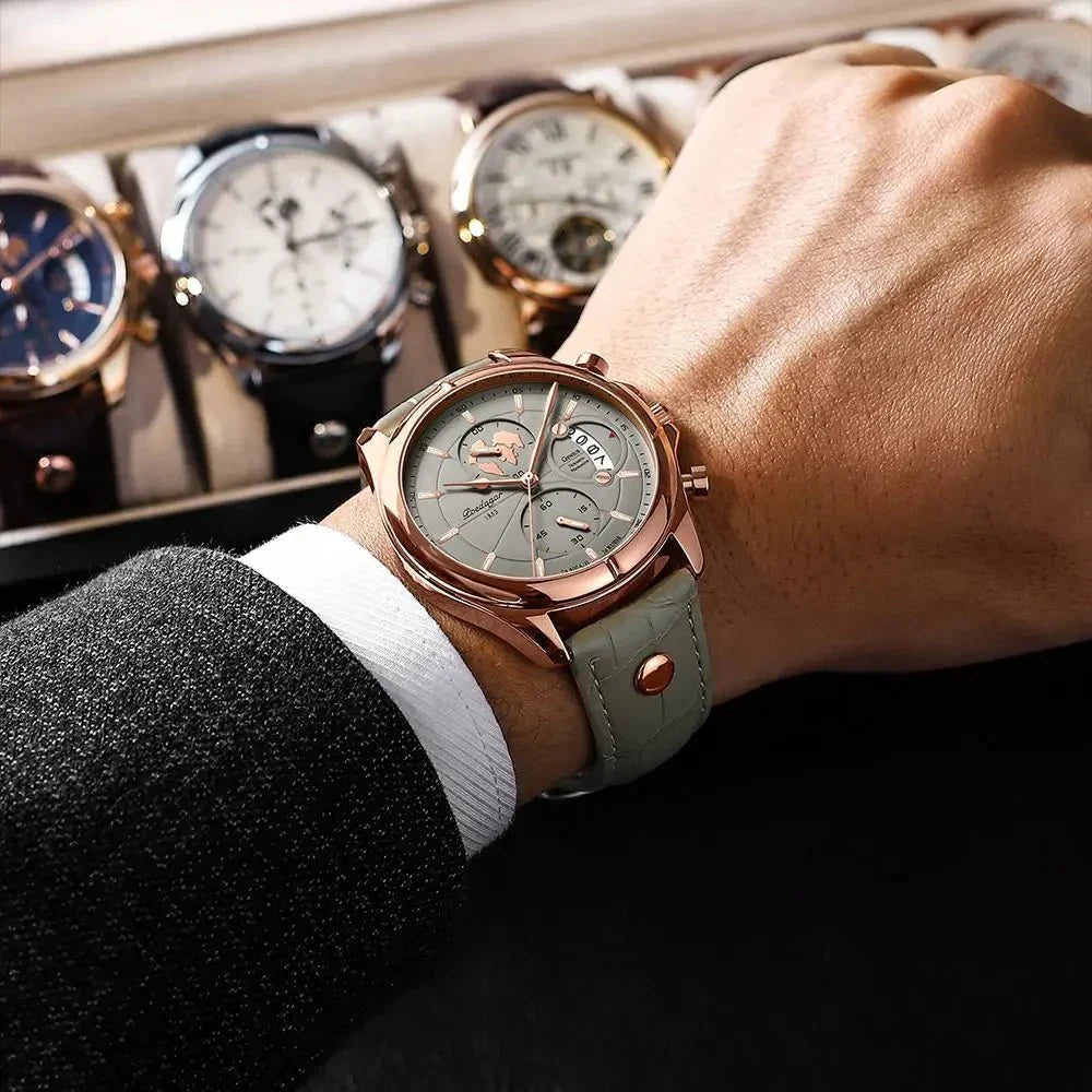 Precision quartz men's executive chronograph watch. Features a durable leather strap & water resistance for professionals.