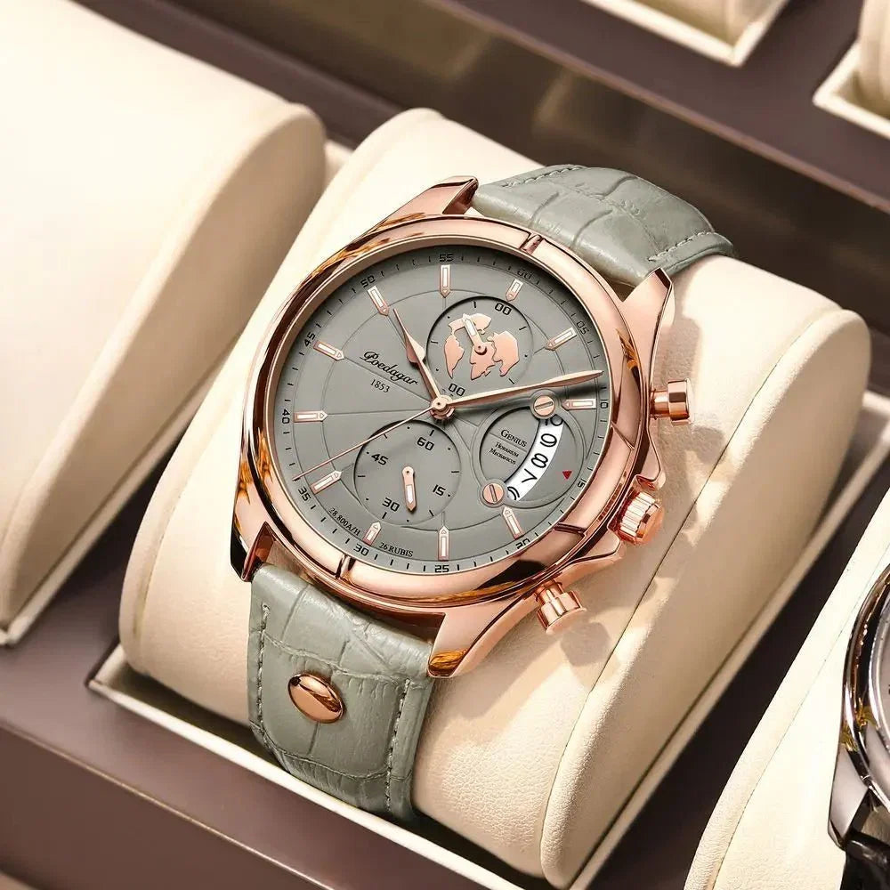 Elegant men's executive watch with chronograph function and genuine leather strap. A sophisticated business timepiece.