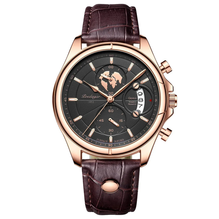 Water-resistant men's executive chronograph watch. Precision quartz movement & durable leather strap for daily wear.