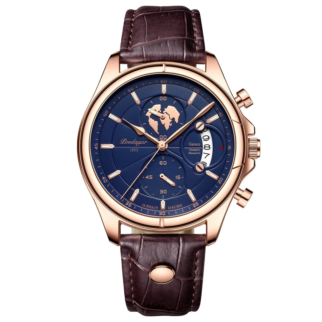 Men's sophisticated executive chronograph timepiece with a classic leather strap & precise quartz accuracy.
