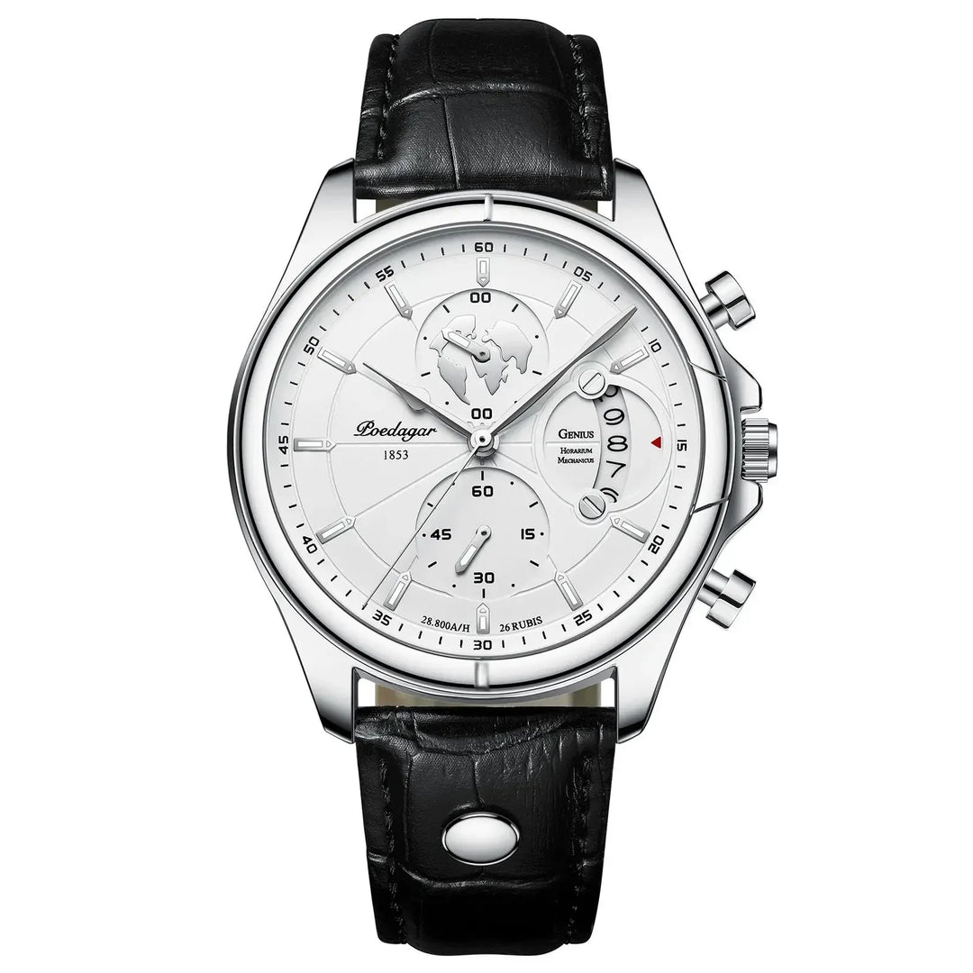 Modern executive men's chronograph watch with a sleek leather strap & reliable precision quartz movement.