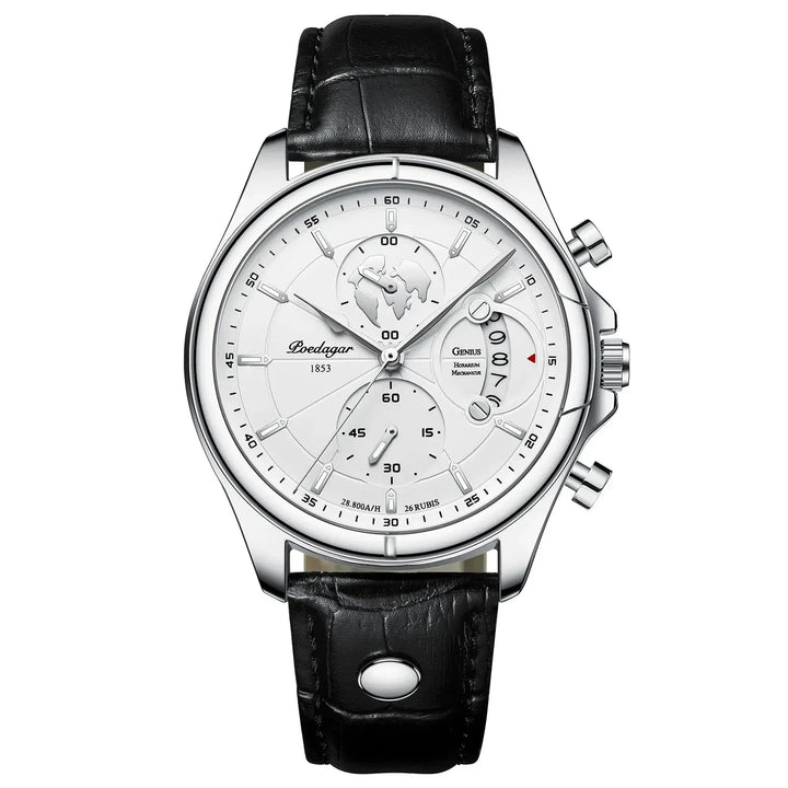 Modern executive men's chronograph watch with a sleek leather strap & reliable precision quartz movement.
