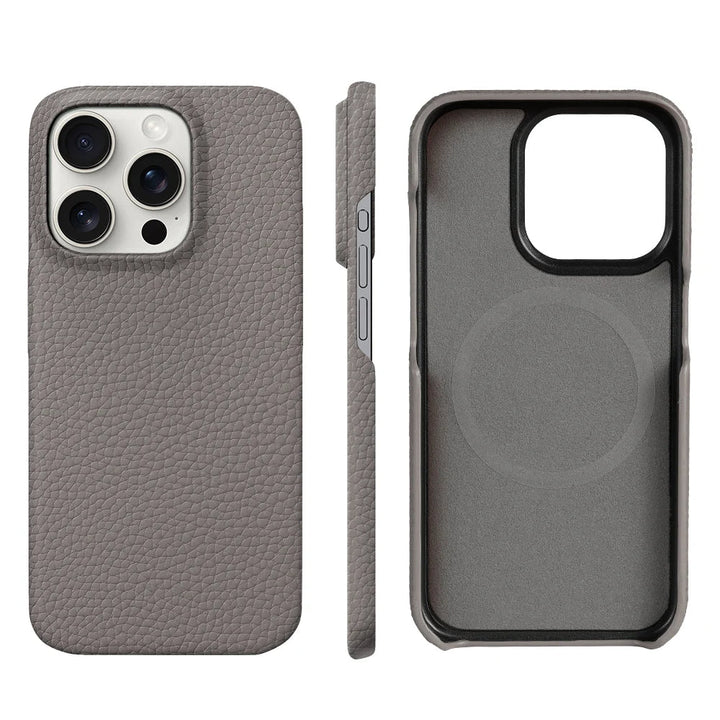 Men's black leather iPhone accessory, elegant, shockproof, MagSafe, and anti-scratch.