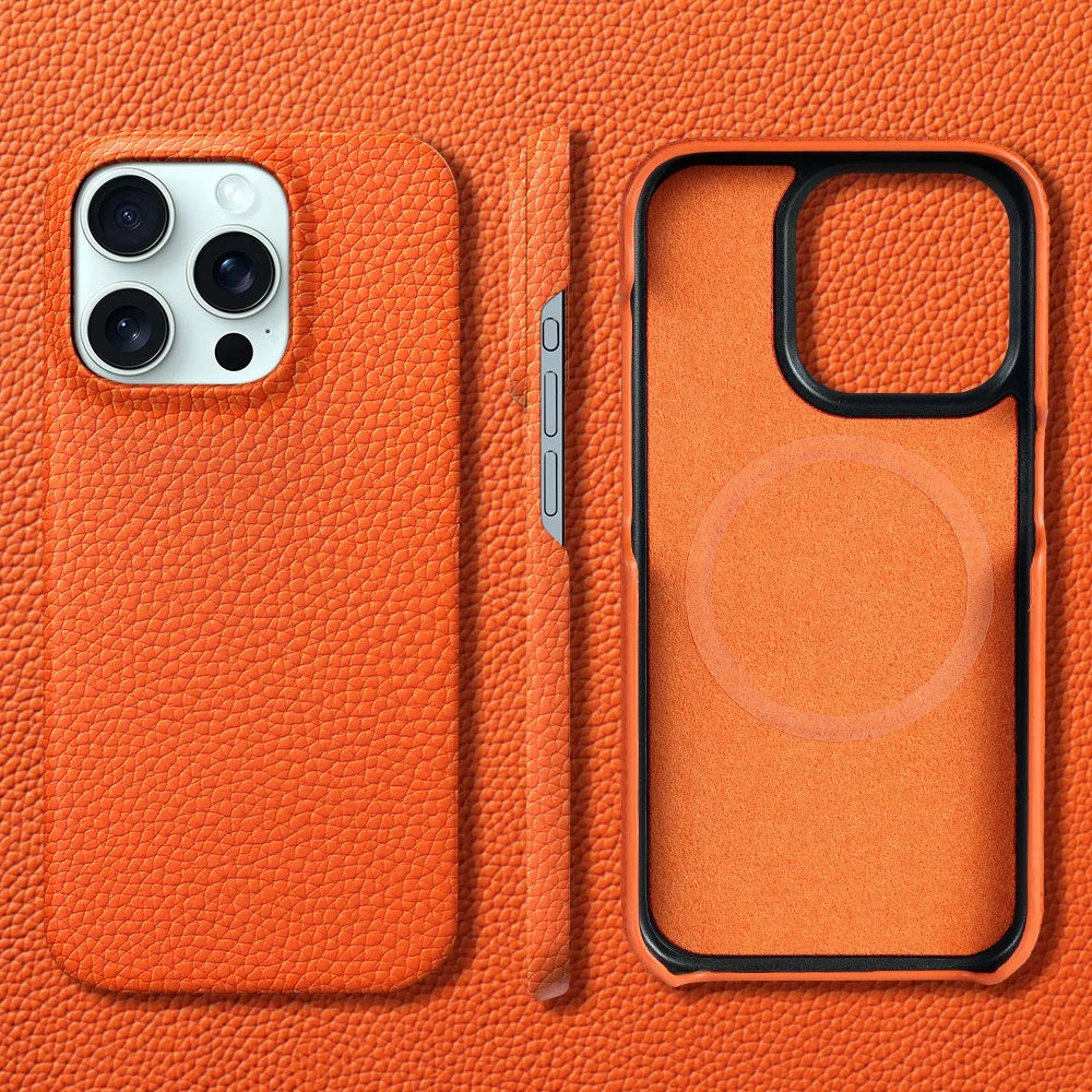 Stylish men's iPhone accessory: Executive brown leather case, shockproof, MagSafe compatible.