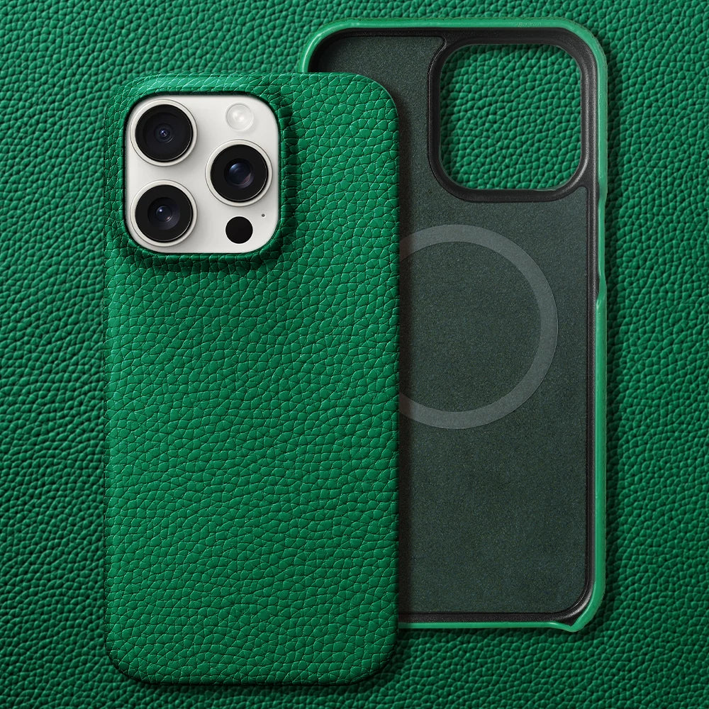 High-quality men's executive leather iPhone cover, sleek, shockproof, and MagSafe ready.