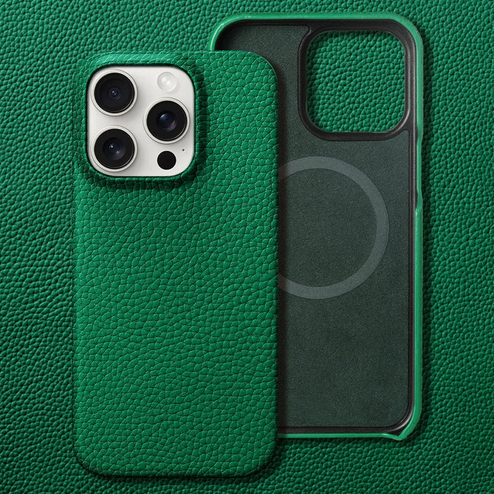 High-quality men's executive leather iPhone cover, sleek, shockproof, and MagSafe ready.