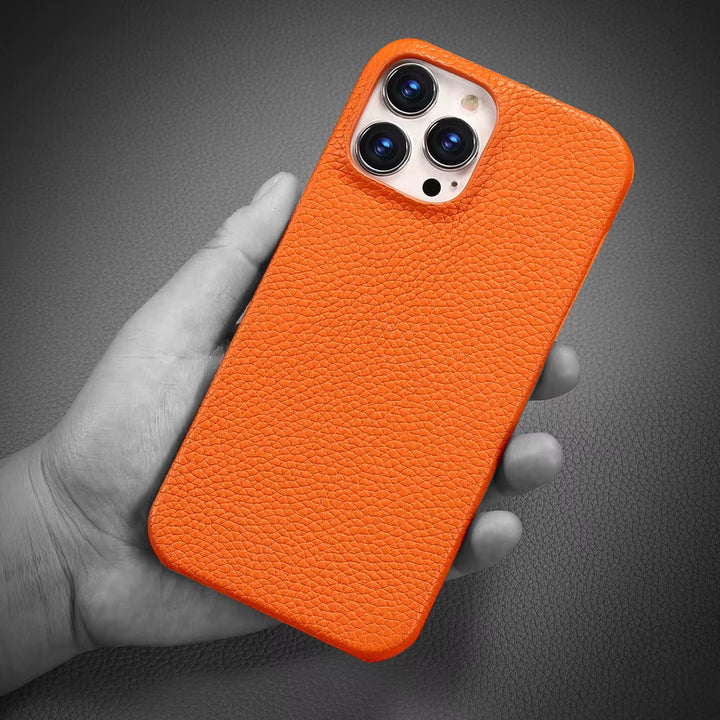 Protective men's iPhone leather cover, slim, anti-scratch, and MagSafe compatible.