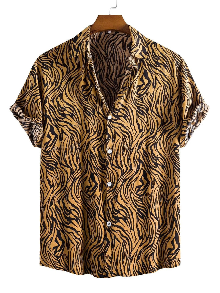 Men's exotic animal print button-down shirt, short sleeve, relaxed fit for summer casual wear.