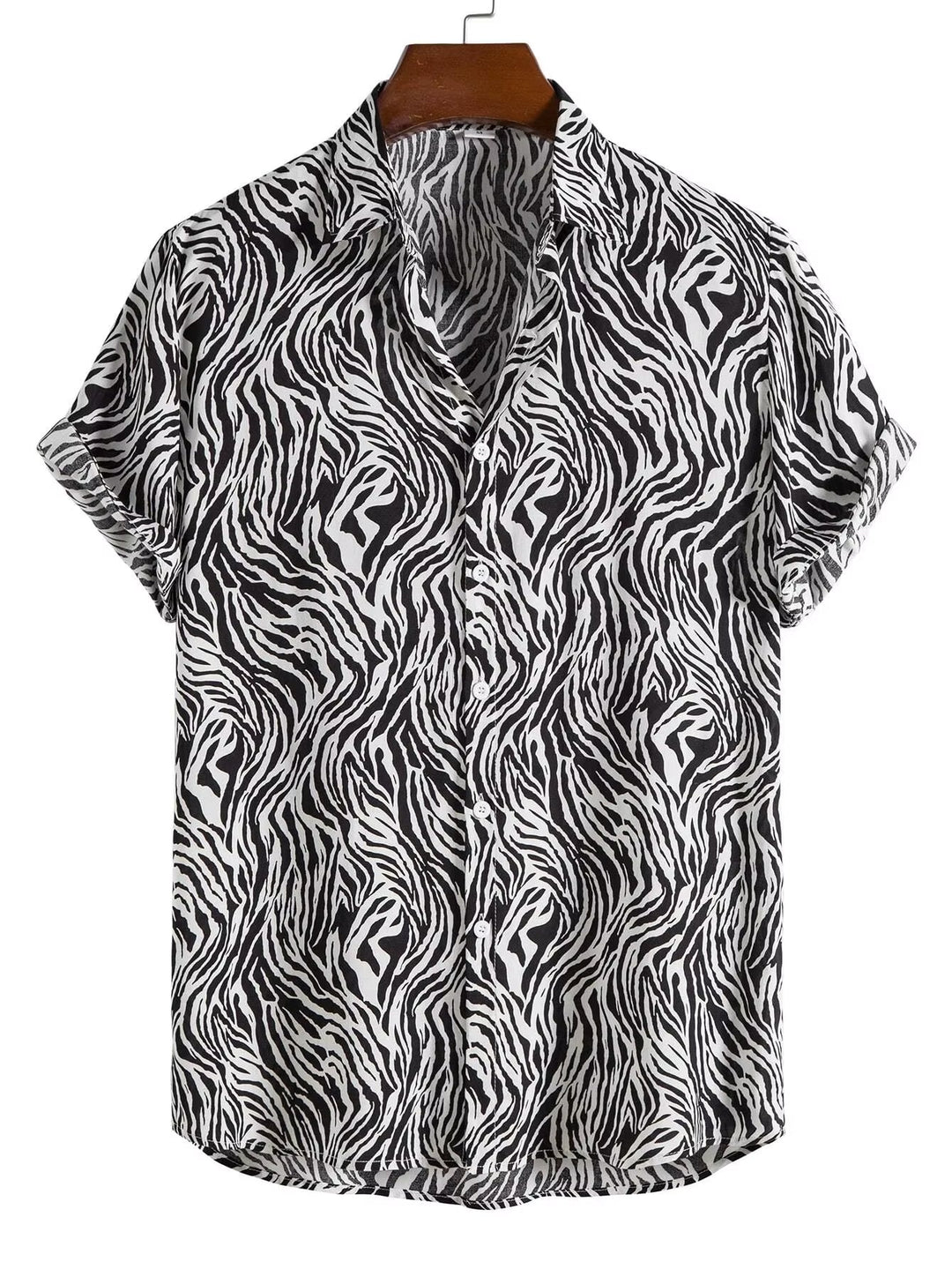 Stylish men's exotic animal print short sleeve button-down for vacation or a bold casual statement.