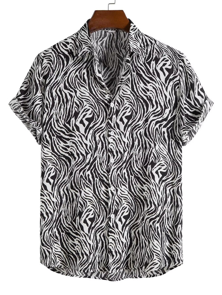 Stylish men's exotic animal print short sleeve button-down for vacation or a bold casual statement.