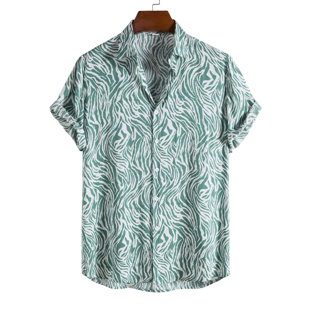 Relaxed fit men's animal print button-down shirt, perfect for summer vacations & casual outings.