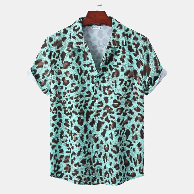 Men's short sleeve animal print button-down shirt, relaxed fit, exotic design for summer casual wear.