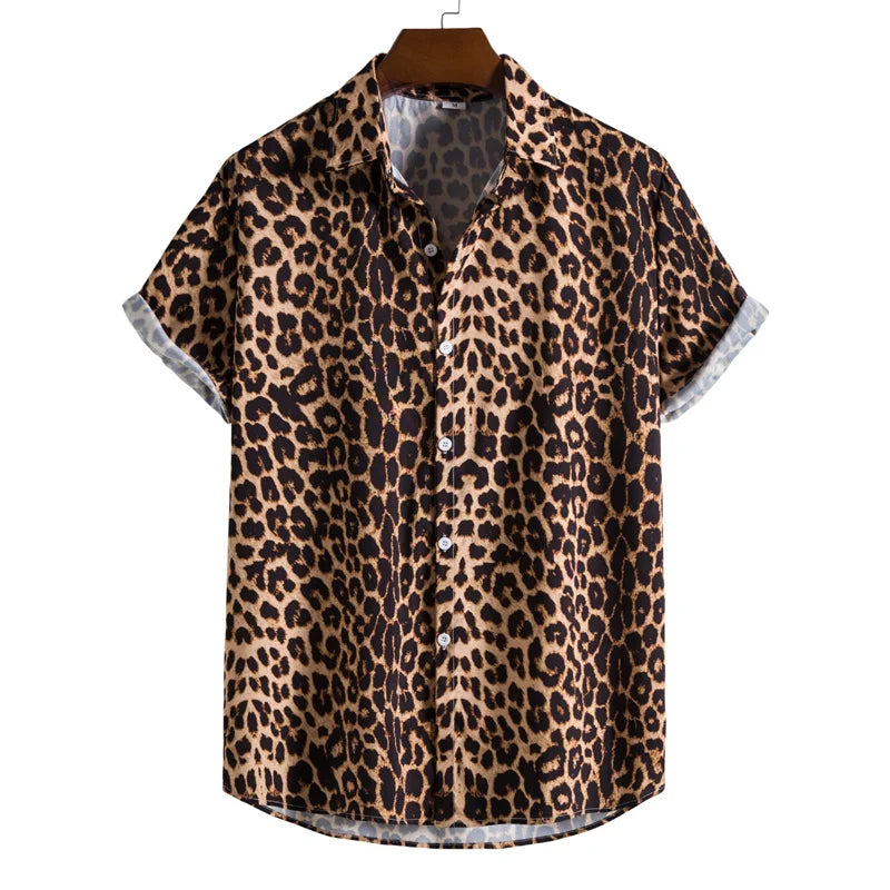 Casual men's exotic animal print button-down shirt. Short sleeve, relaxed fit for summer fashion.
