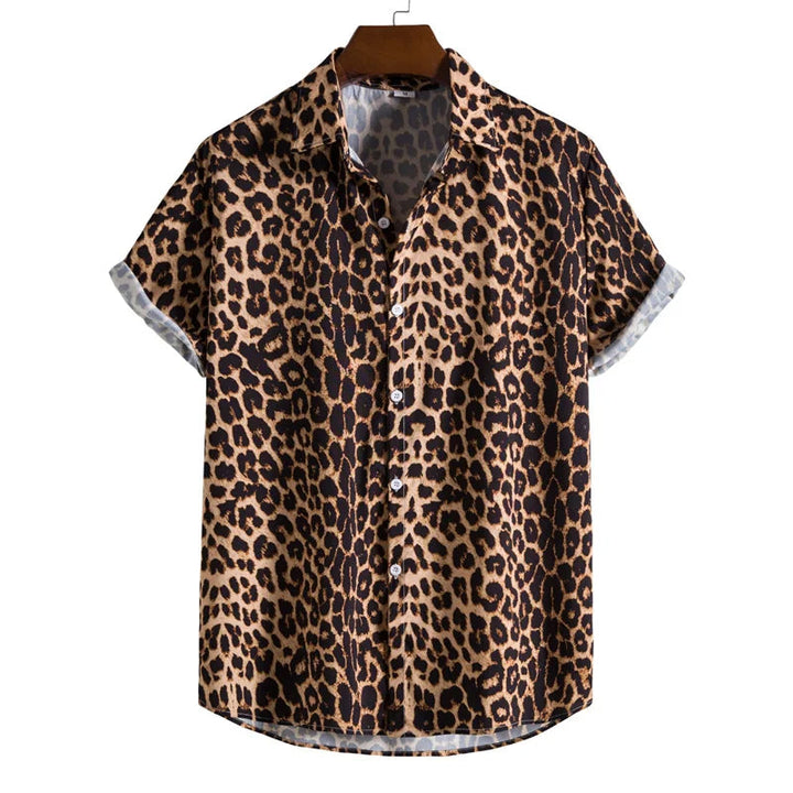 Casual men's exotic animal print button-down shirt. Short sleeve, relaxed fit for summer fashion.