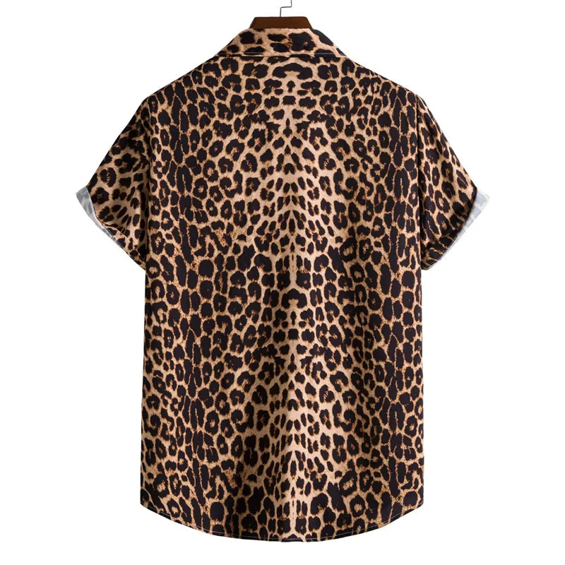 Vibrant men's animal print button-down, short sleeve, relaxed fit. Perfect vacation or statement shirt.