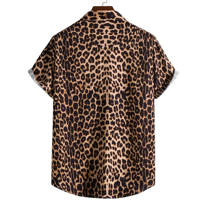Vibrant men's animal print button-down, short sleeve, relaxed fit. Perfect vacation or statement shirt.