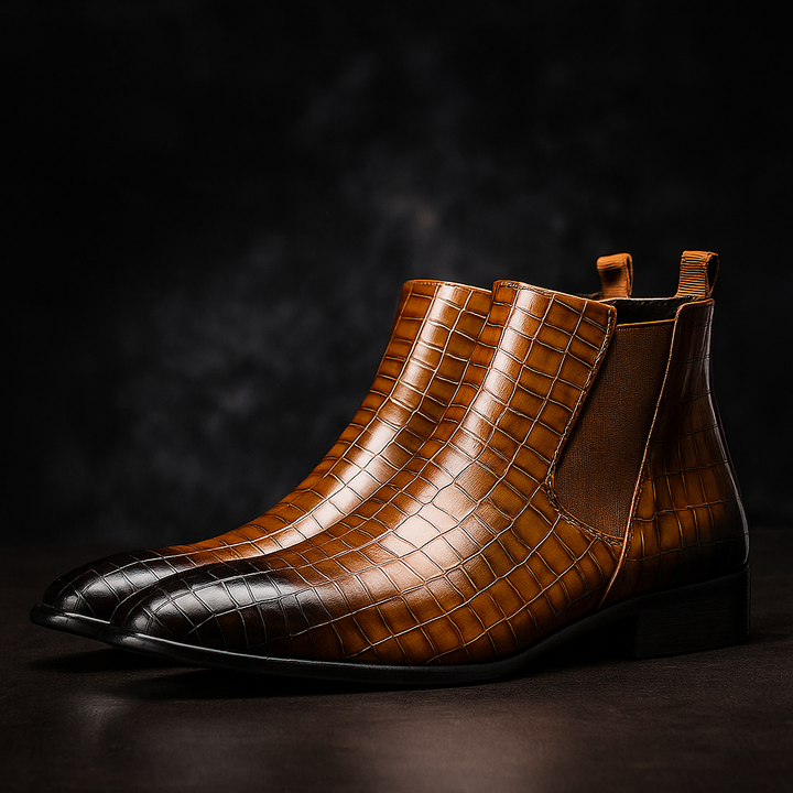 Men's exotic snakeskin Chelsea boots, stylish slip-on dress ankle boots for sophisticated fashion.