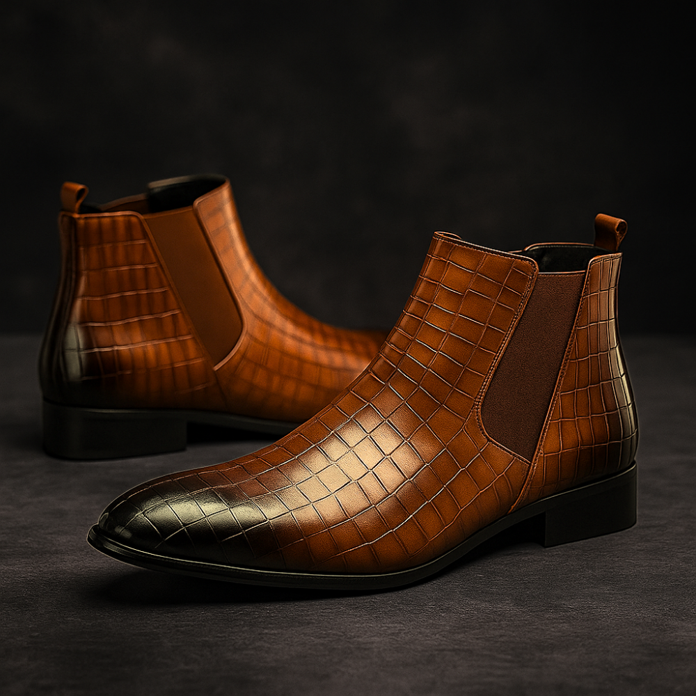 Brown snakeskin men's Chelsea boots, comfortable and fashionable exotic print footwear for any occasion.