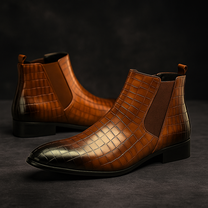 Brown snakeskin men's Chelsea boots, comfortable and fashionable exotic print footwear for any occasion.