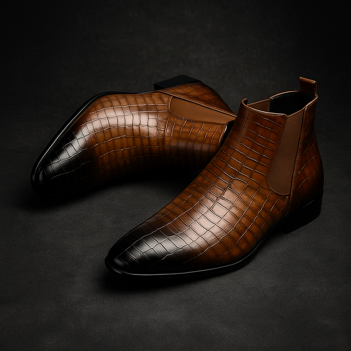 Black snakeskin Chelsea boots for men, elegant dress or casual fashion ankle boots with unique style.