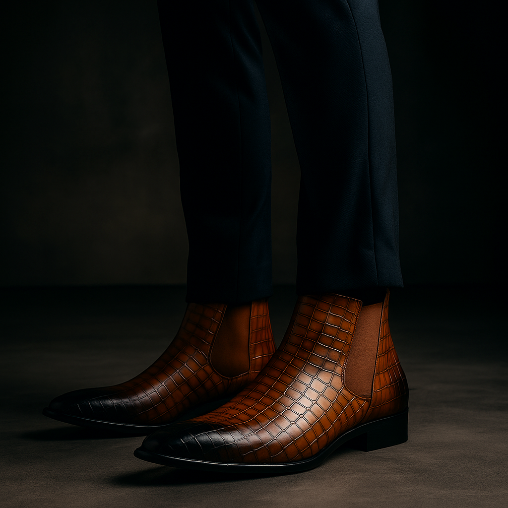 Exotic snakeskin print men's Chelsea boots, slip-on fashion boots for a stylish and comfortable look.
