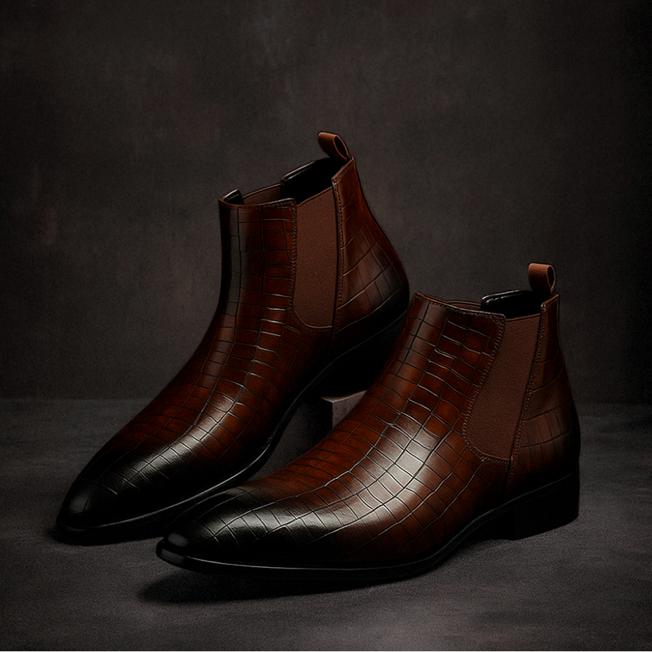 Luxurious men's snakeskin Chelsea boots, stylish and comfortable slip-on ankle footwear with unique texture.