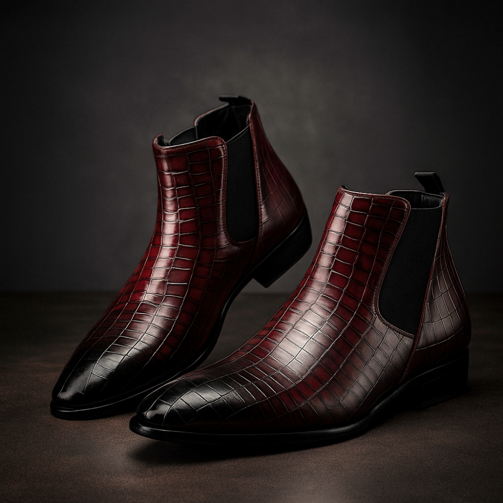 Fashionable men's snakeskin Chelsea boots, versatile dress or casual exotic print footwear for men.