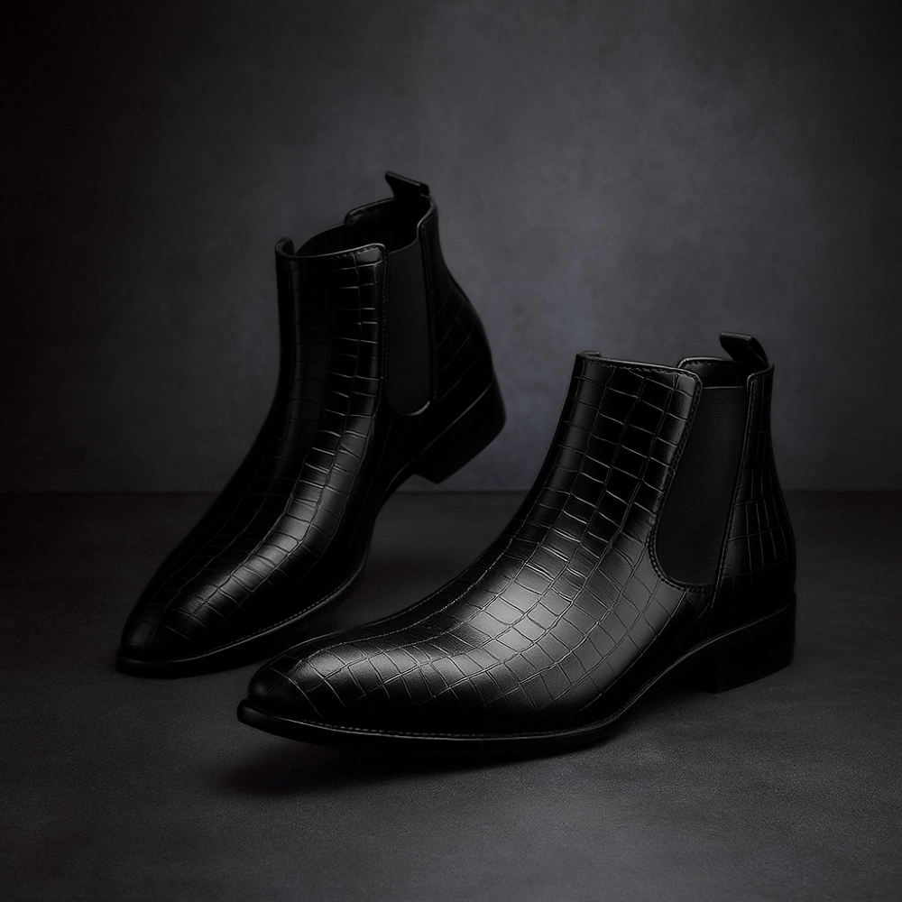 Premium men's exotic snakeskin Chelsea boots, comfortable slip-on dress boots for a standout appearance.