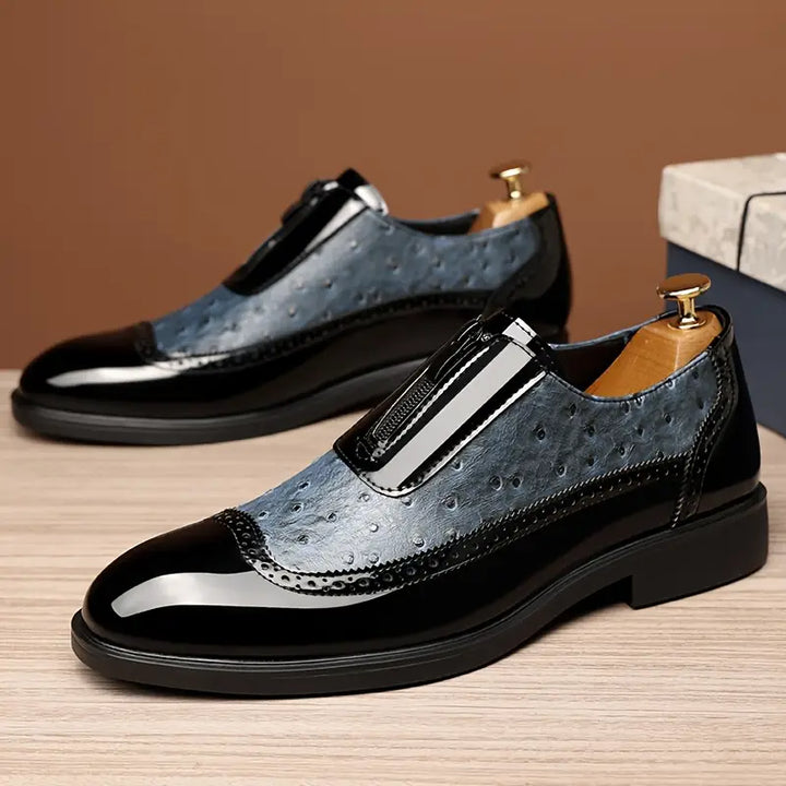 Fashionable men's formal loafers with unique exotic pattern and functional zip detailing. Great for events.