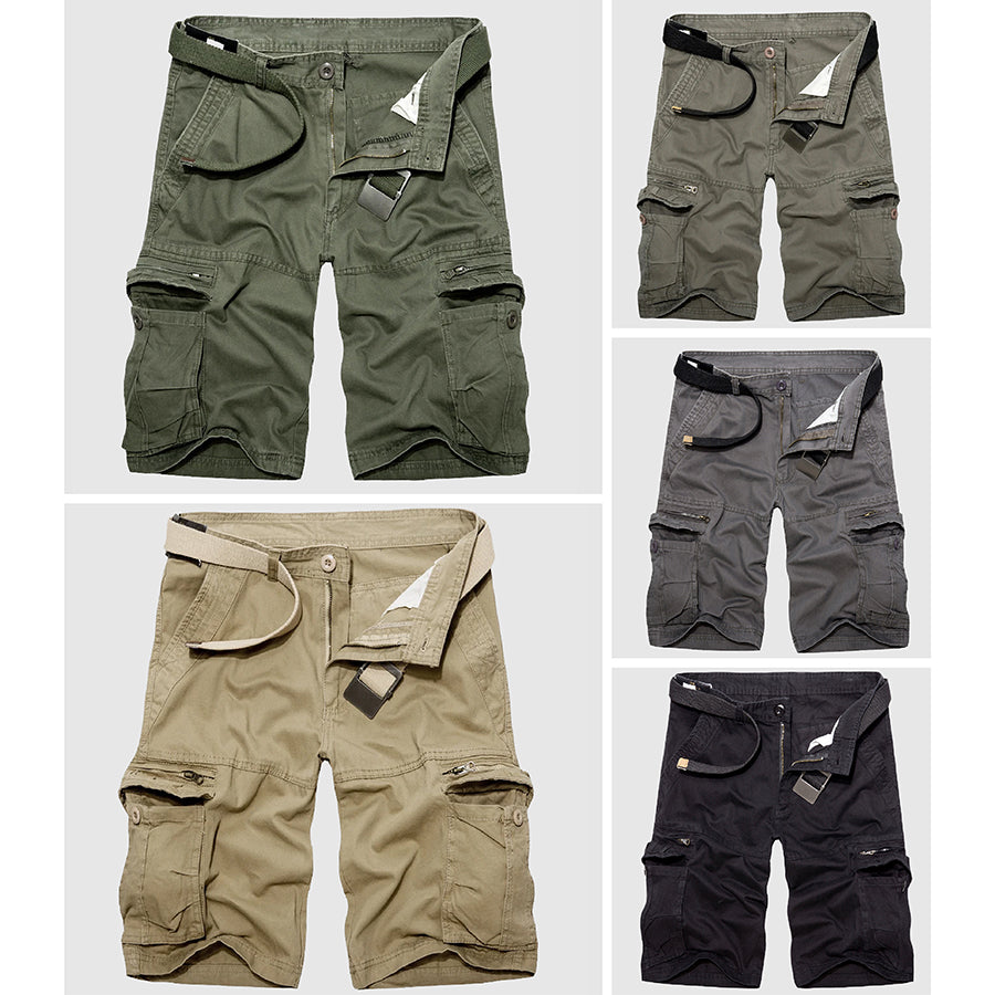Lightweight men's summer bottoms; durable cargo shorts with multiple pockets for hiking & utility.