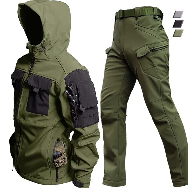 Durable men's waterproof outdoor jacket & pants set for trekking, hiking, & tactical adventures in challenging weather.