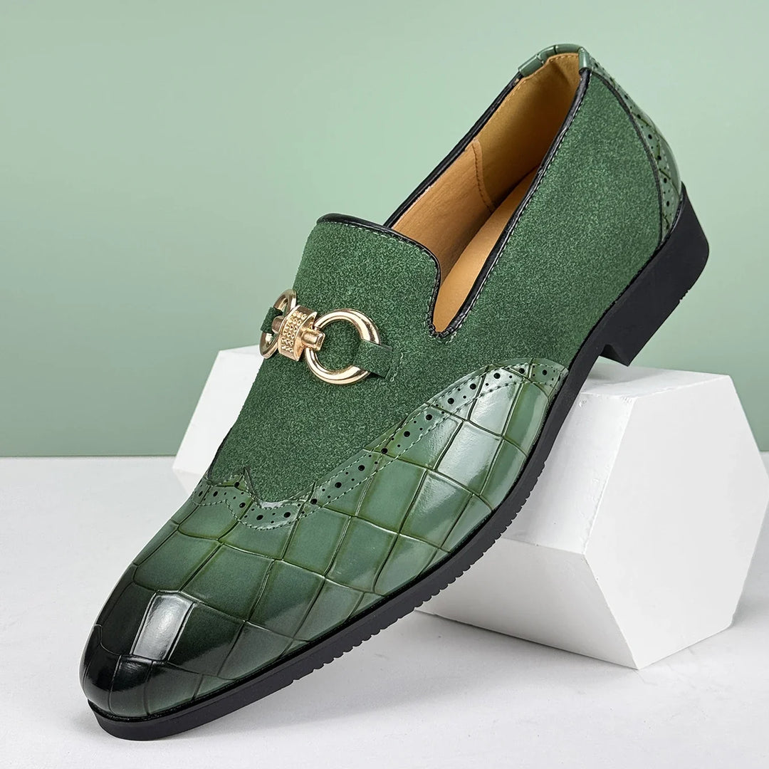 Men's fashion loafers with golden bit detail, offering all-day comfort. Stylish slip-on dress shoes.