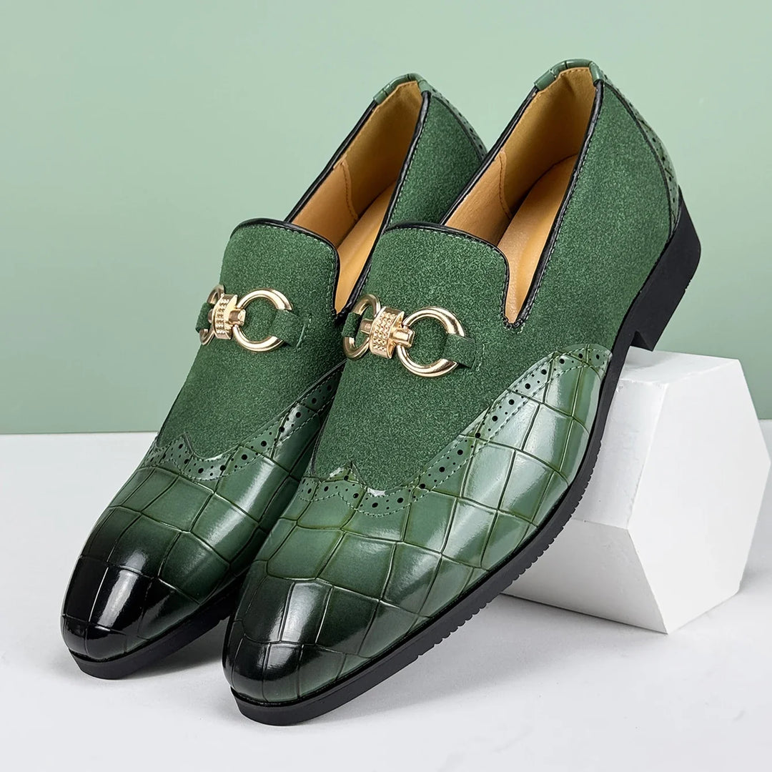 Green textured men's loafers with golden bit detail. Sophisticated and comfortable slip-on fashion footwear.