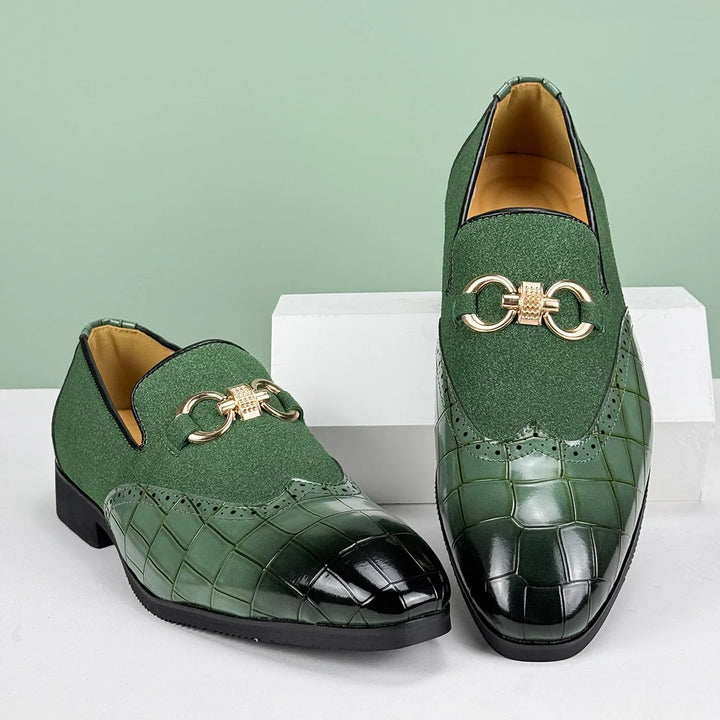 Black men's fashion loafers with a golden bit, perfect for formal or smart casual wear. Comfortable slip-on shoes.