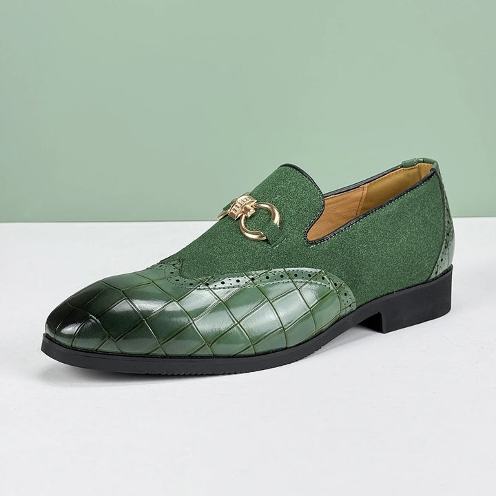 Men's black slip-on dress shoes with striking golden bit detail. Fashionable and comfortable men's loafers.