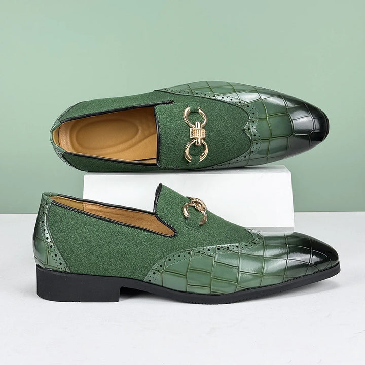 Textured men's fashion loafers, black, with golden bit accent. Suitable for formal casual styling and all-day comfort.