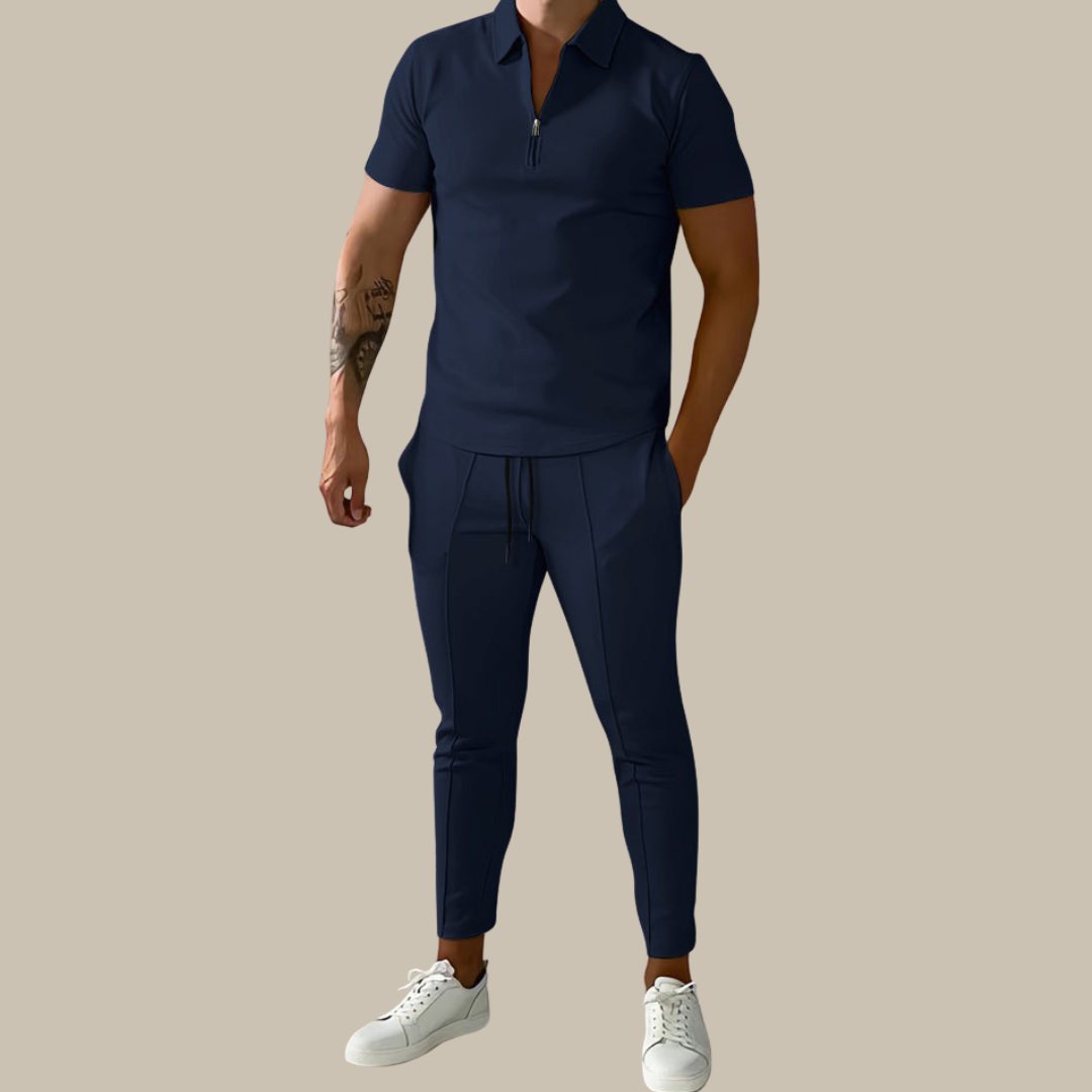 Men's fashionable 2-piece polo and trousers set for modern casual and semi-formal wear.