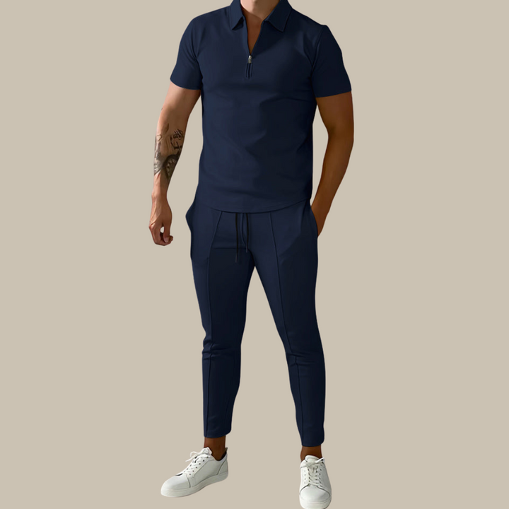 Men's fashionable 2-piece polo and trousers set for modern casual and semi-formal wear.