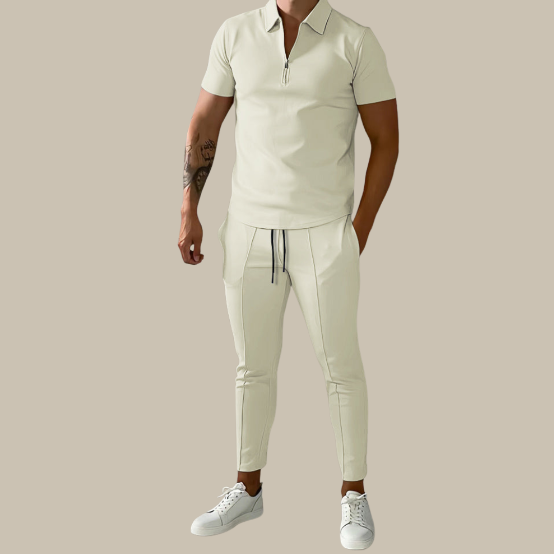 Comfortable men's two-piece polo and trousers set, perfect for versatile casual and semi-formal outfits.
