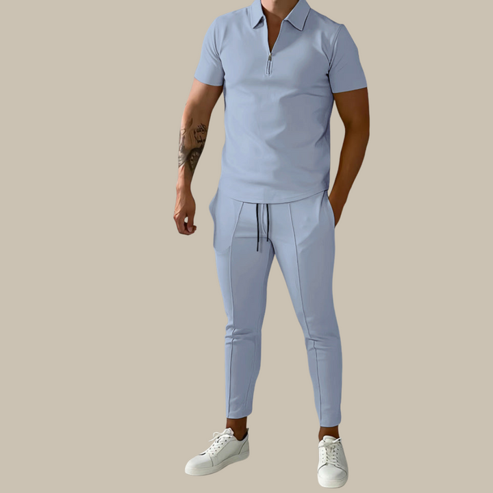 Stylish men's polo shirt and matching trousers set, a modern two-piece fashion outfit for men.
