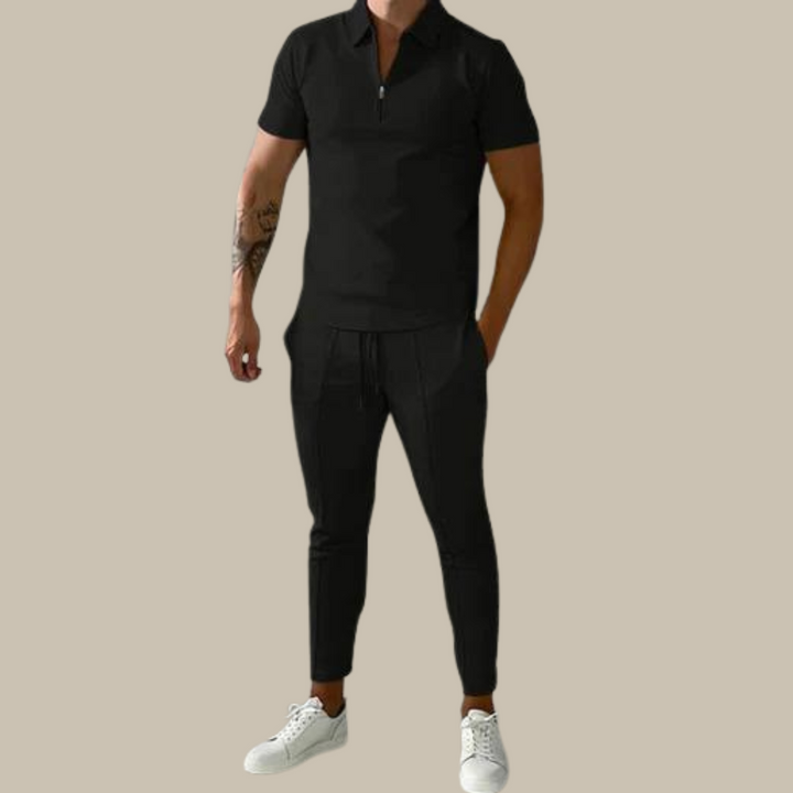 Versatile men's fashion outfit: a comfortable two-piece polo and trousers set for everyday stylish wear.