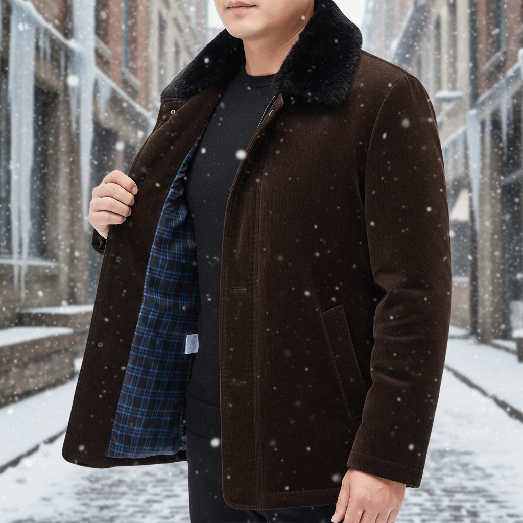 Men's fashionable black winter jacket with front zipper, ideal for cold weather outerwear.
