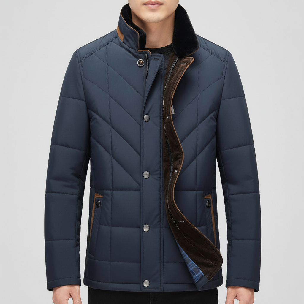 Side profile of a men's warm jacket, illustrating its contemporary cut and clean lines.