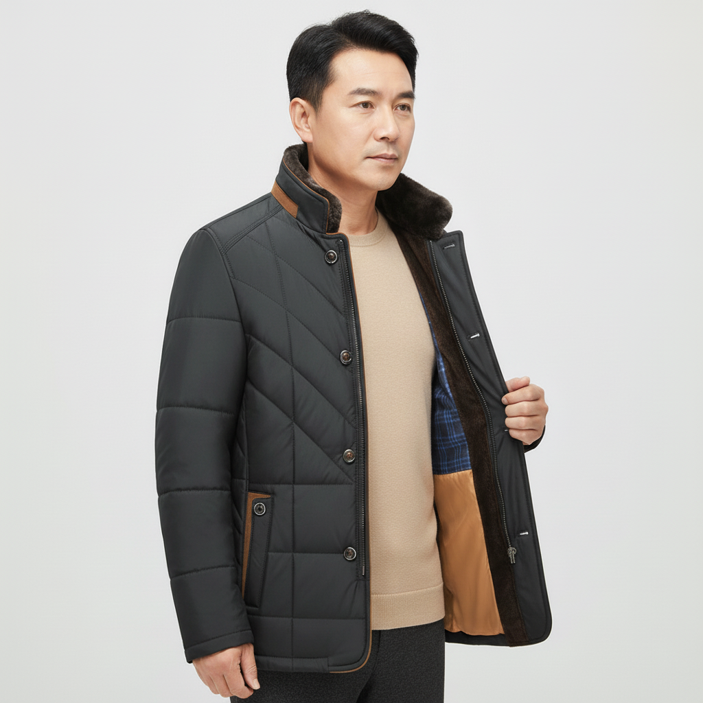 Men's versatile winter jacket paired with a scarf, ready for cold weather activities.
