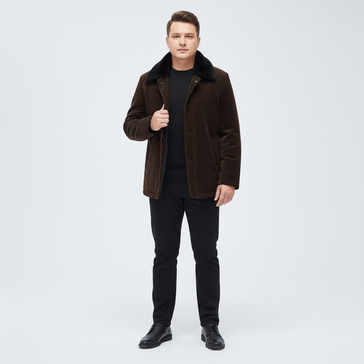 Stylish men's winter coat in dark gray, offering warmth and modern design for cold weather.