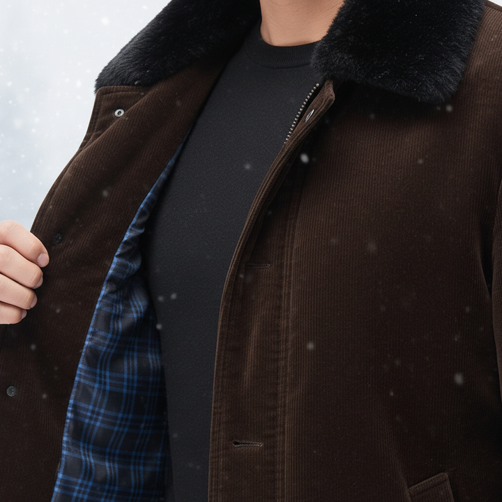 Durable men's outerwear, a warm winter jacket with a high collar, perfect for cold weather.