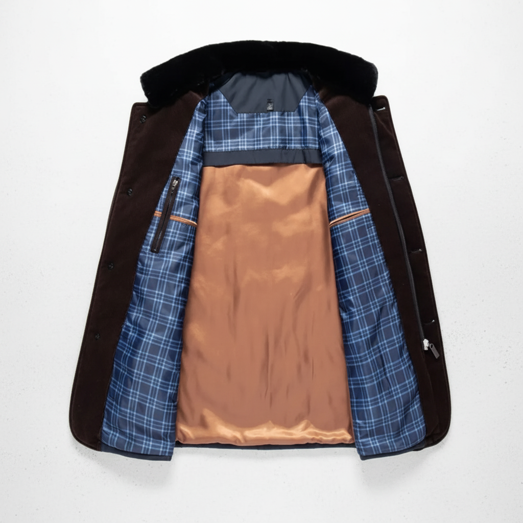 Close-up of the textured fabric on a men's warm winter jacket, highlighting its quality.