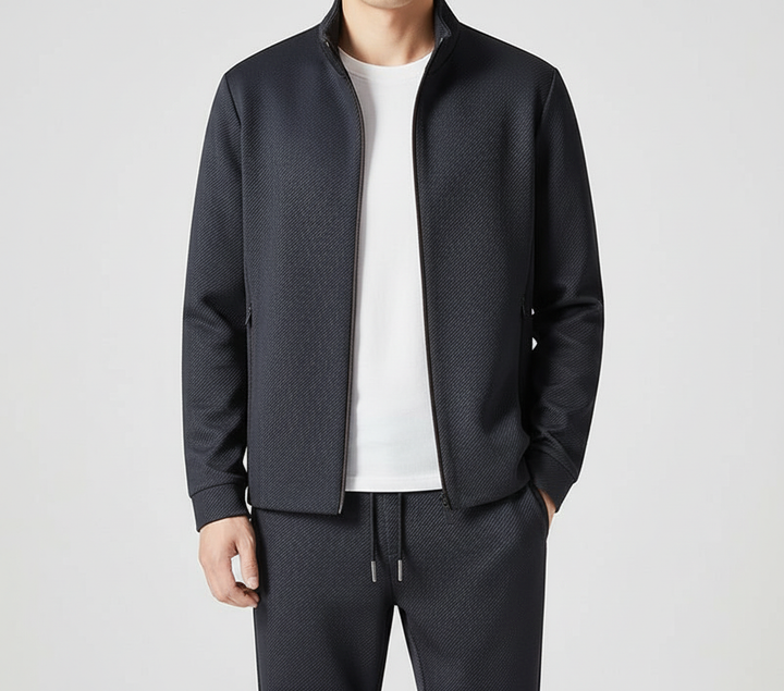 Stylish men's loungewear outfit set, black Lycra, perfect for all-season casual wear.