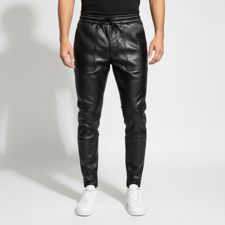 Durable men's faux leather pants in a sleek design, perfect for casual or party wear.