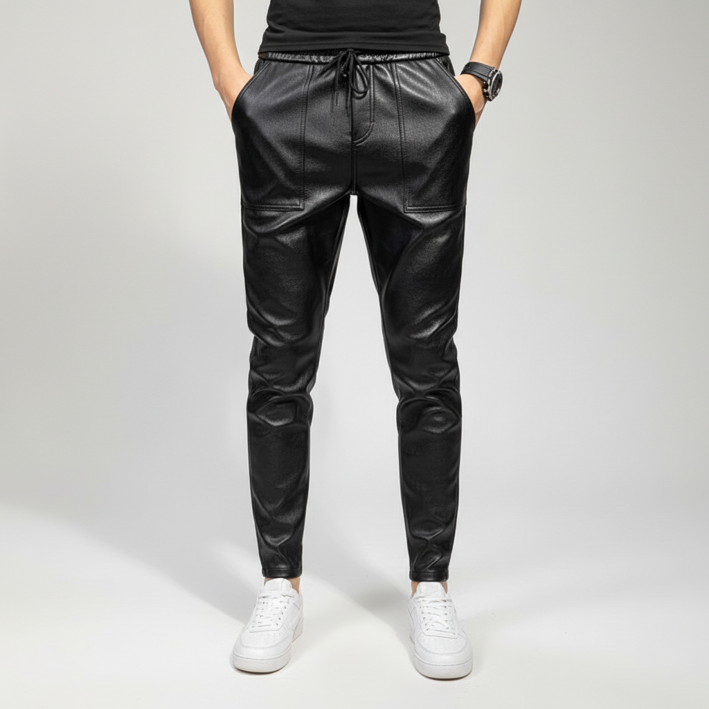 Stylish slim-fit men's faux leather pants, offering versatility for modern outfits.
